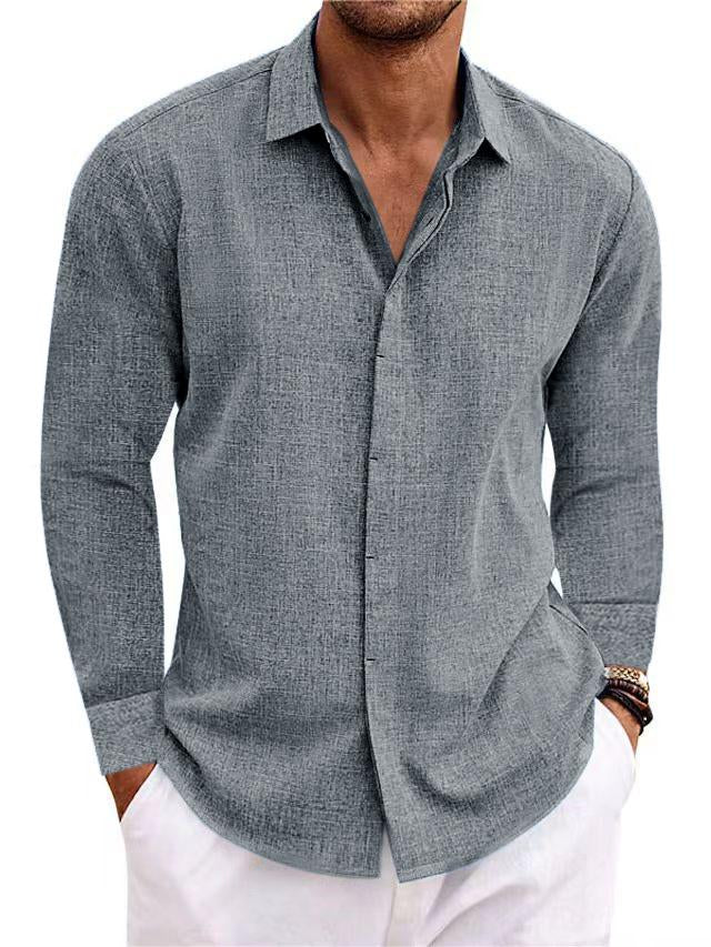 Men's Linen Solid Color Casual Loose Daily Hawaiian Long Sleeve Shirt