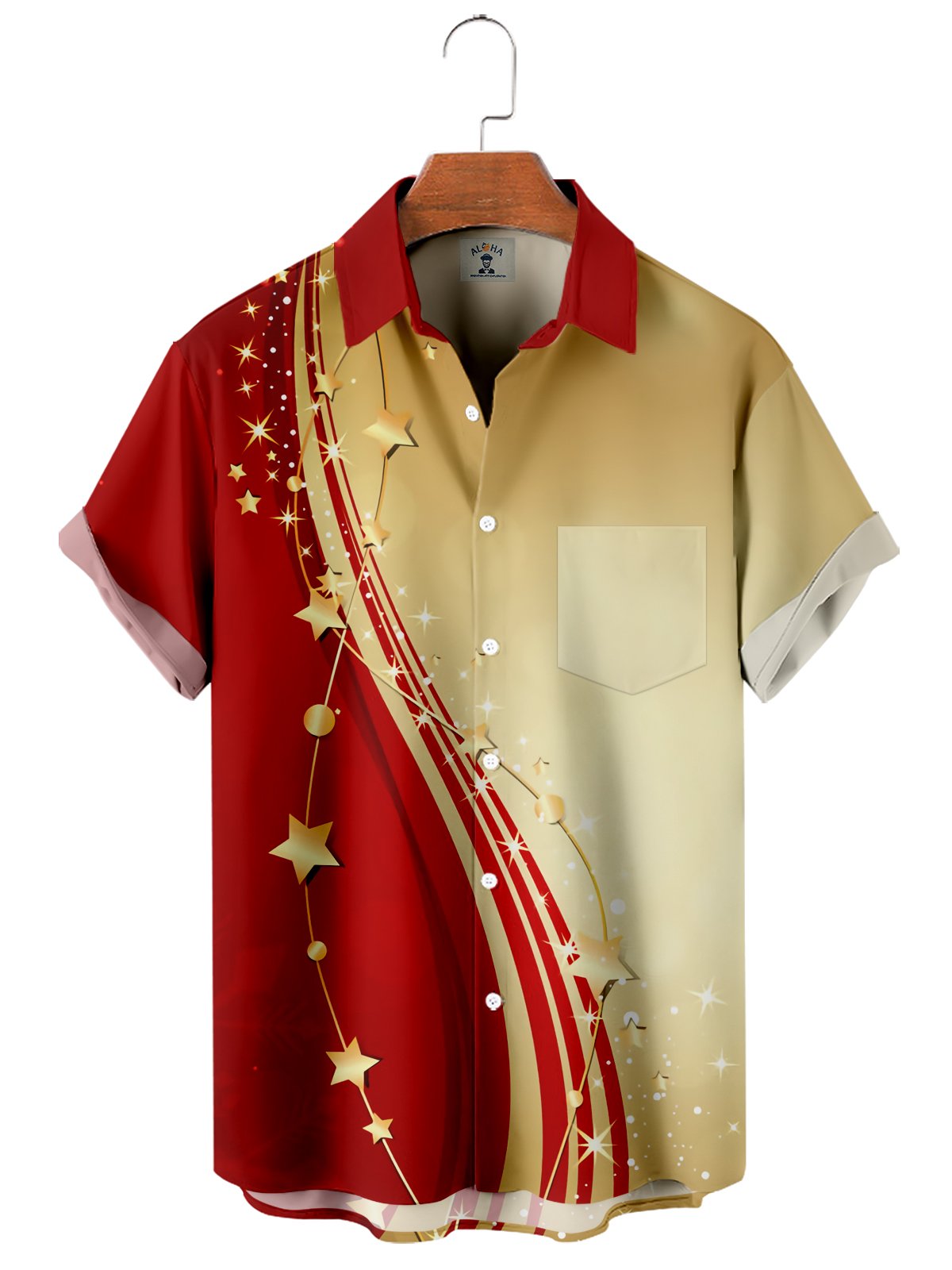 Men's casual color contrast line star print short-sleeved shirt-Mokaloha