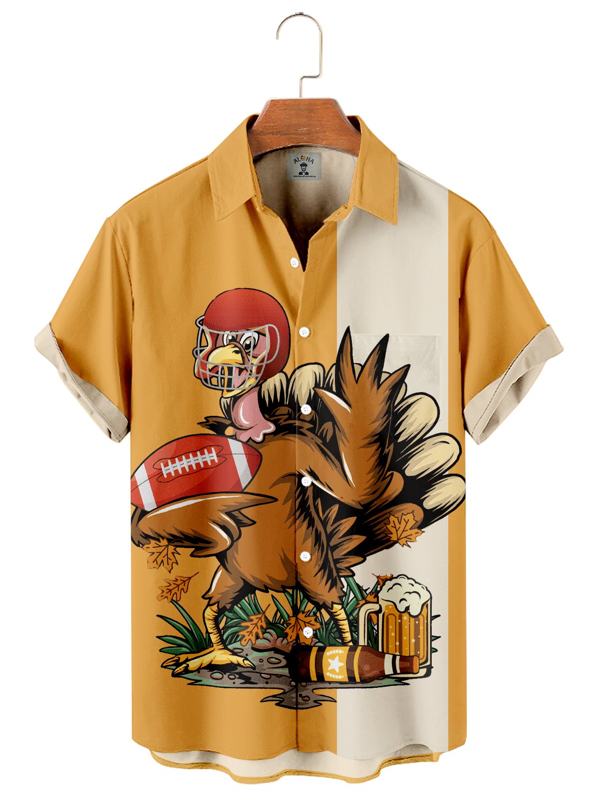 Men's Thanksgiving Fun Turkey Play Football Print Short Sleeve Shirt-Mokaloha