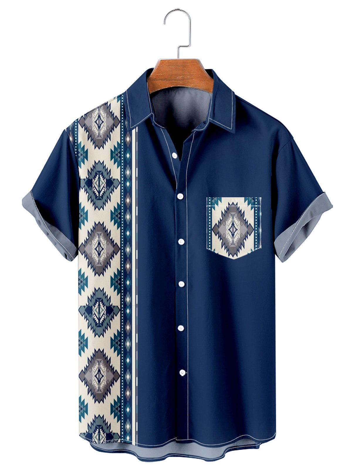 Men's Simple Ethnic Pattern Patchwork Casual Shirt-Mokaloha
