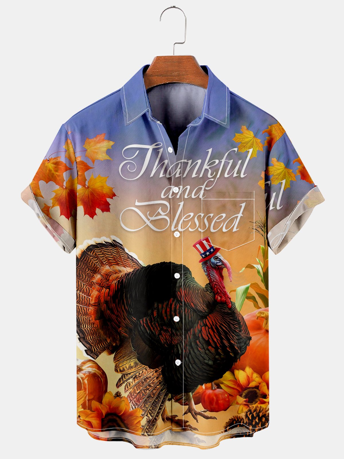 Men's Thanksgiving Gradient Turkey Thankful And Blessed Print Short Sleeve Shirt-Mokaloha
