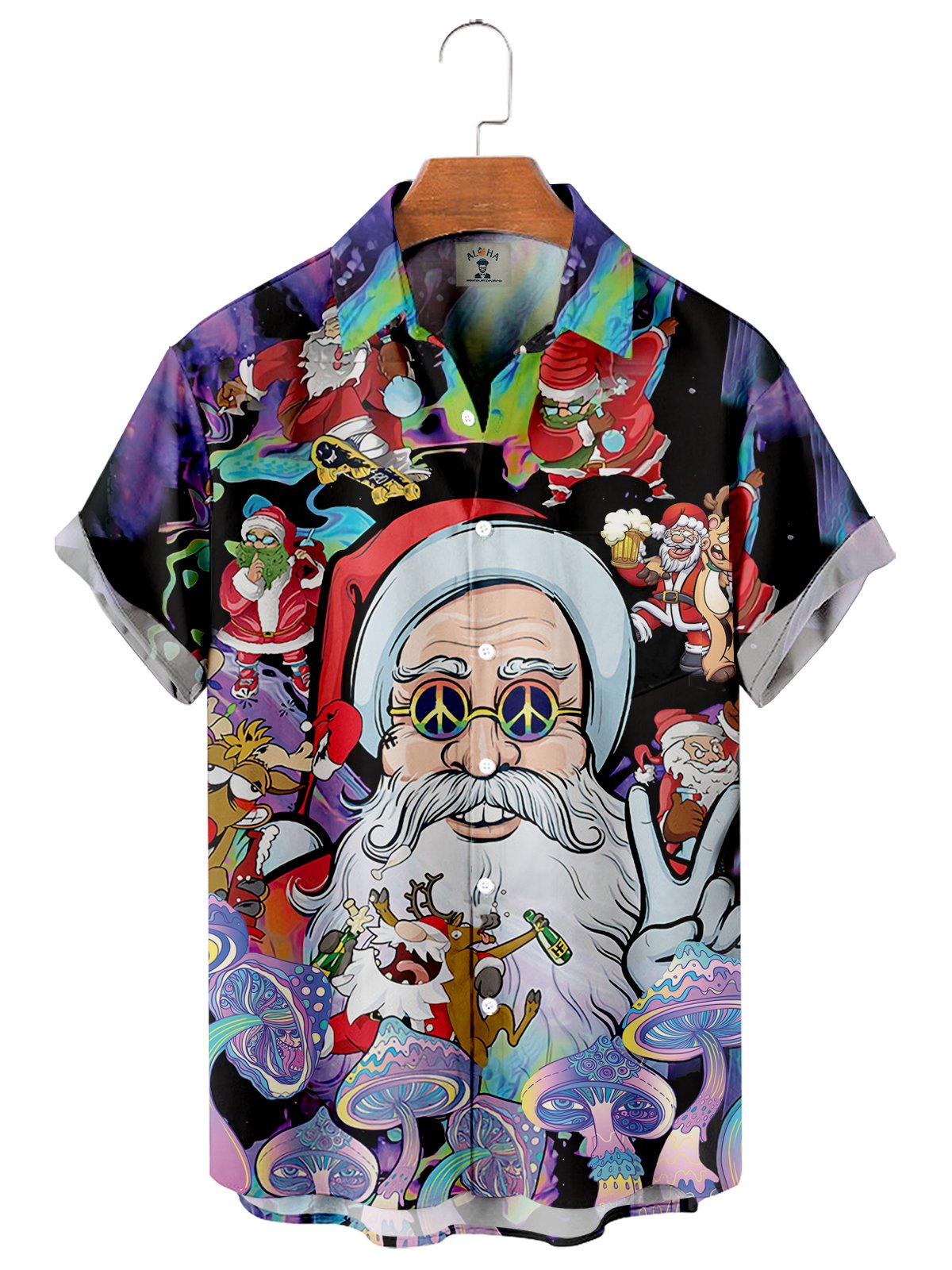 Men's Christmas Hippie Mushroom Fun Santa Print Short Sleeve Shirt-Mokaloha