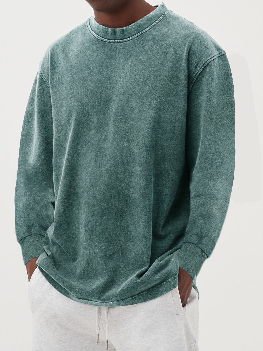 Men's Washed Distressed Basic Cotton Round Neck Long-sleeved T-shirt