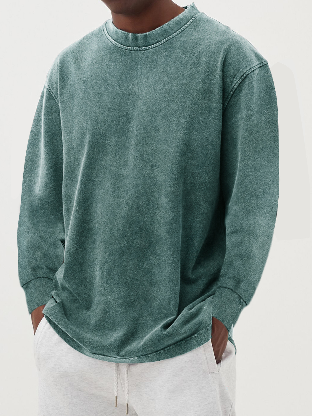 Men's Washed Distressed Basic Cotton Round Neck Long-sleeved T-shirt