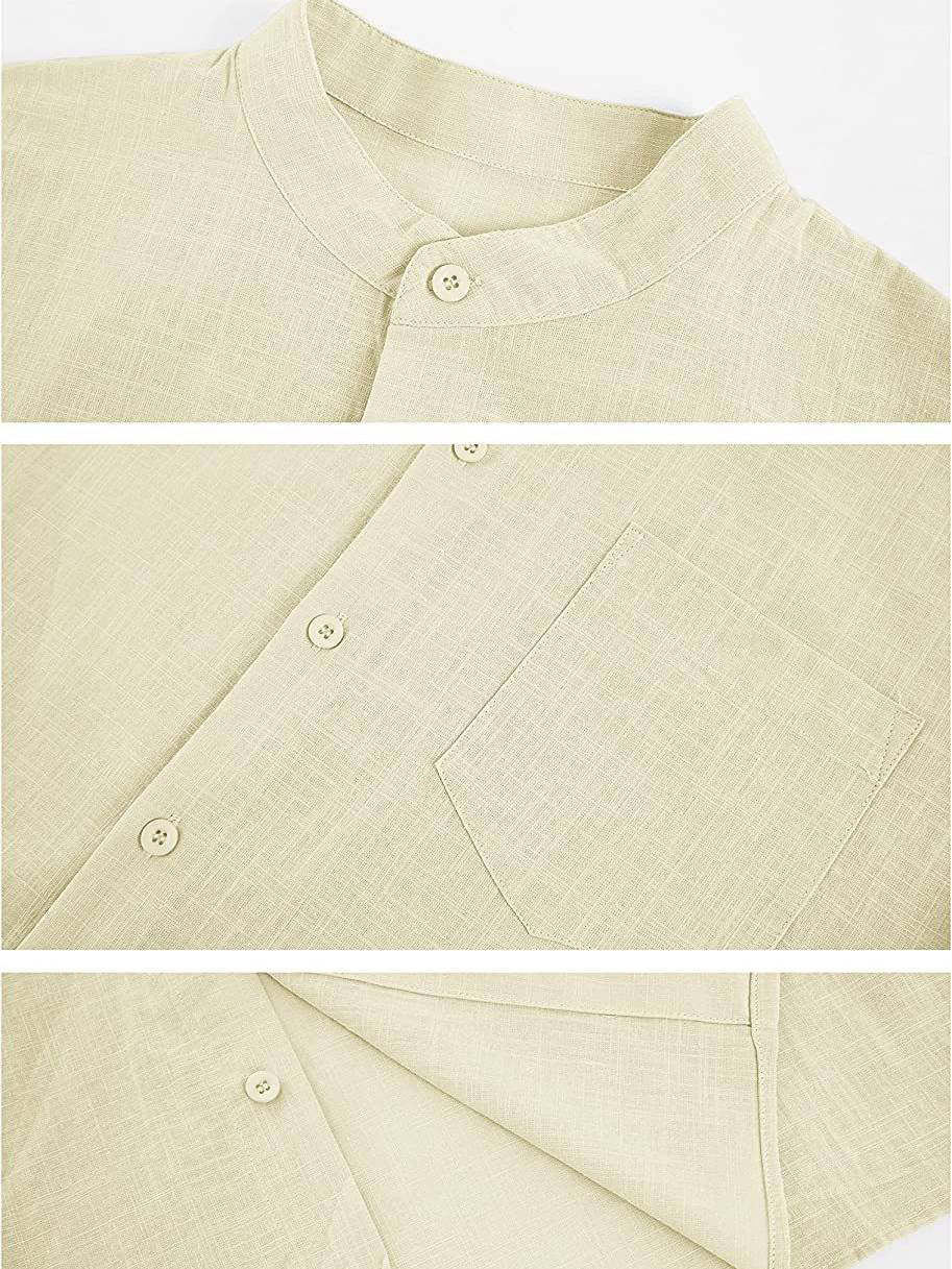 Men's Solid Color Stand Collar Pocket Cotton Linen Casual Short Sleeve Shirt