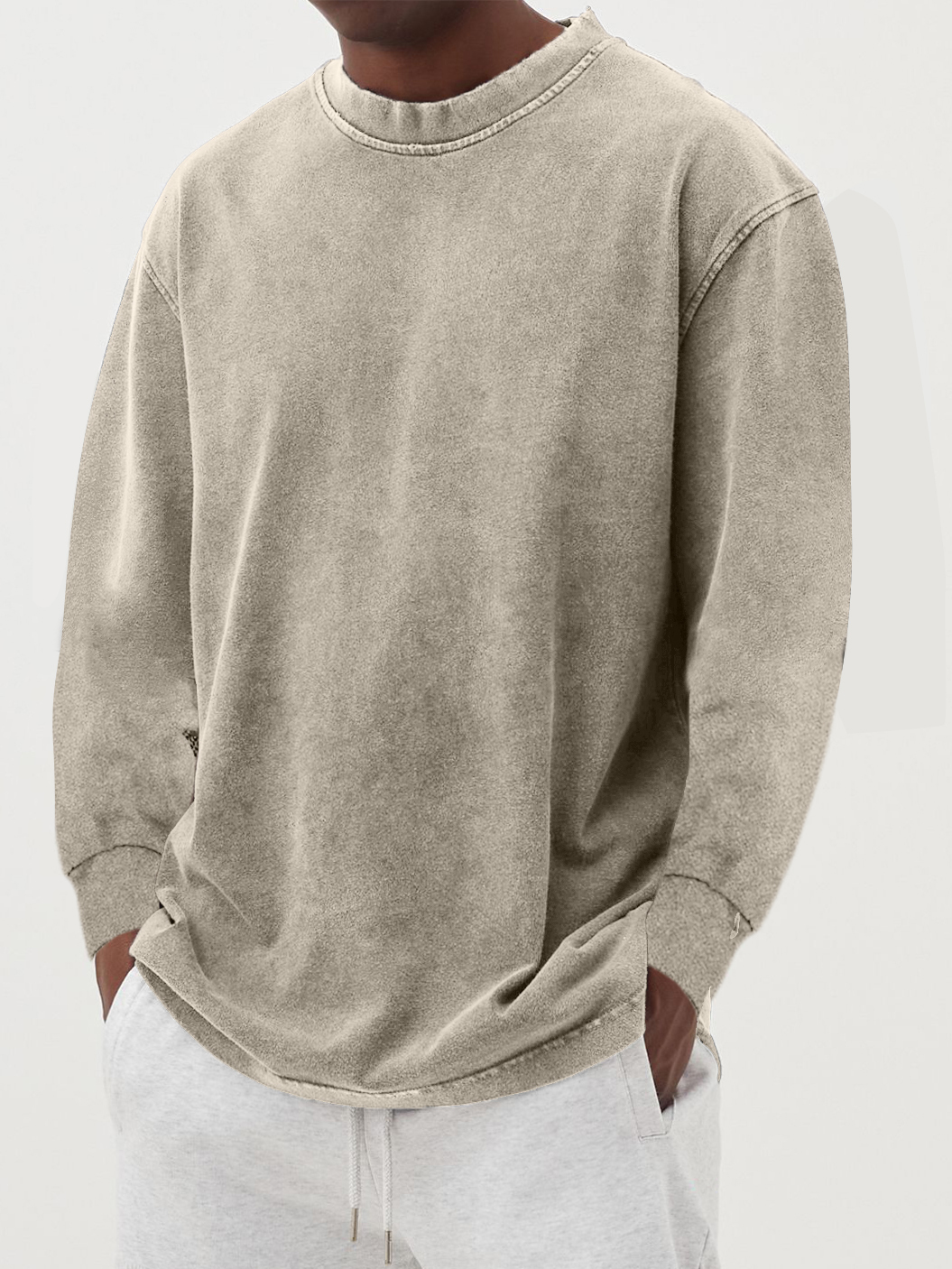 Men's Washed Distressed Basic Cotton Round Neck Long-sleeved T-shirt