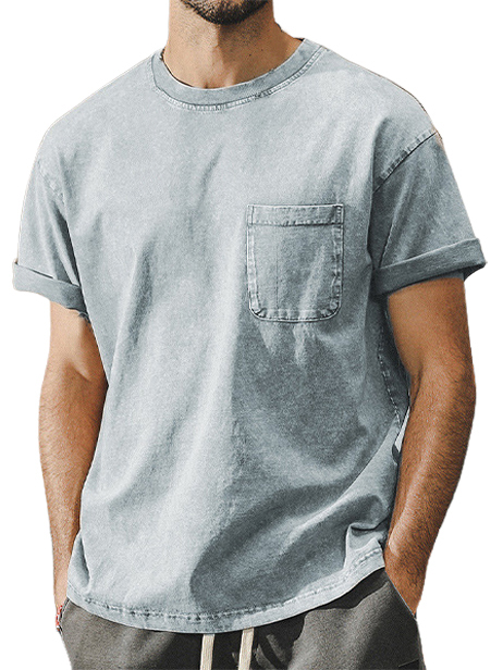 Men's Washed Distressed Pocket Crew Neck T-shirt