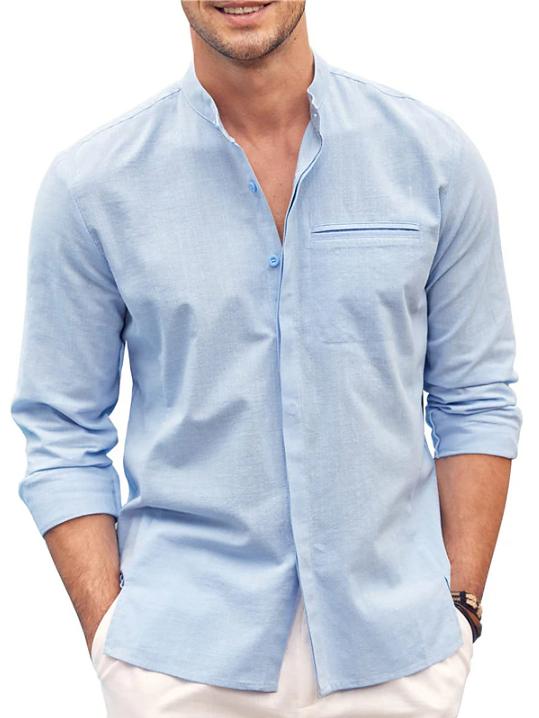Men's Cotton Linen Shirt Long Sleeve Button Collar Casual Beach Shirt