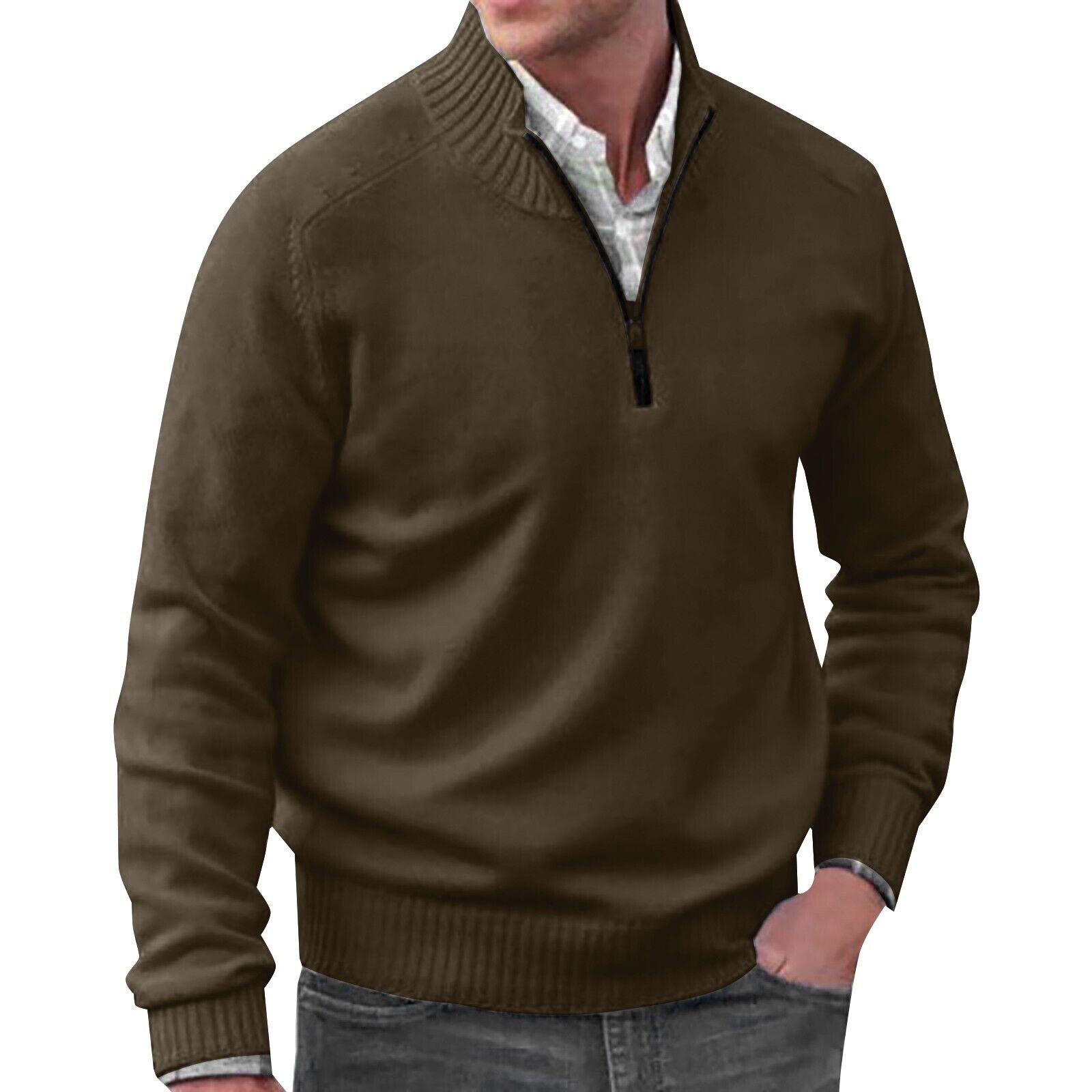 Men's Stand Collar Zipper Basic Solid Color Sweater Long Sleeve Sweatshirt
