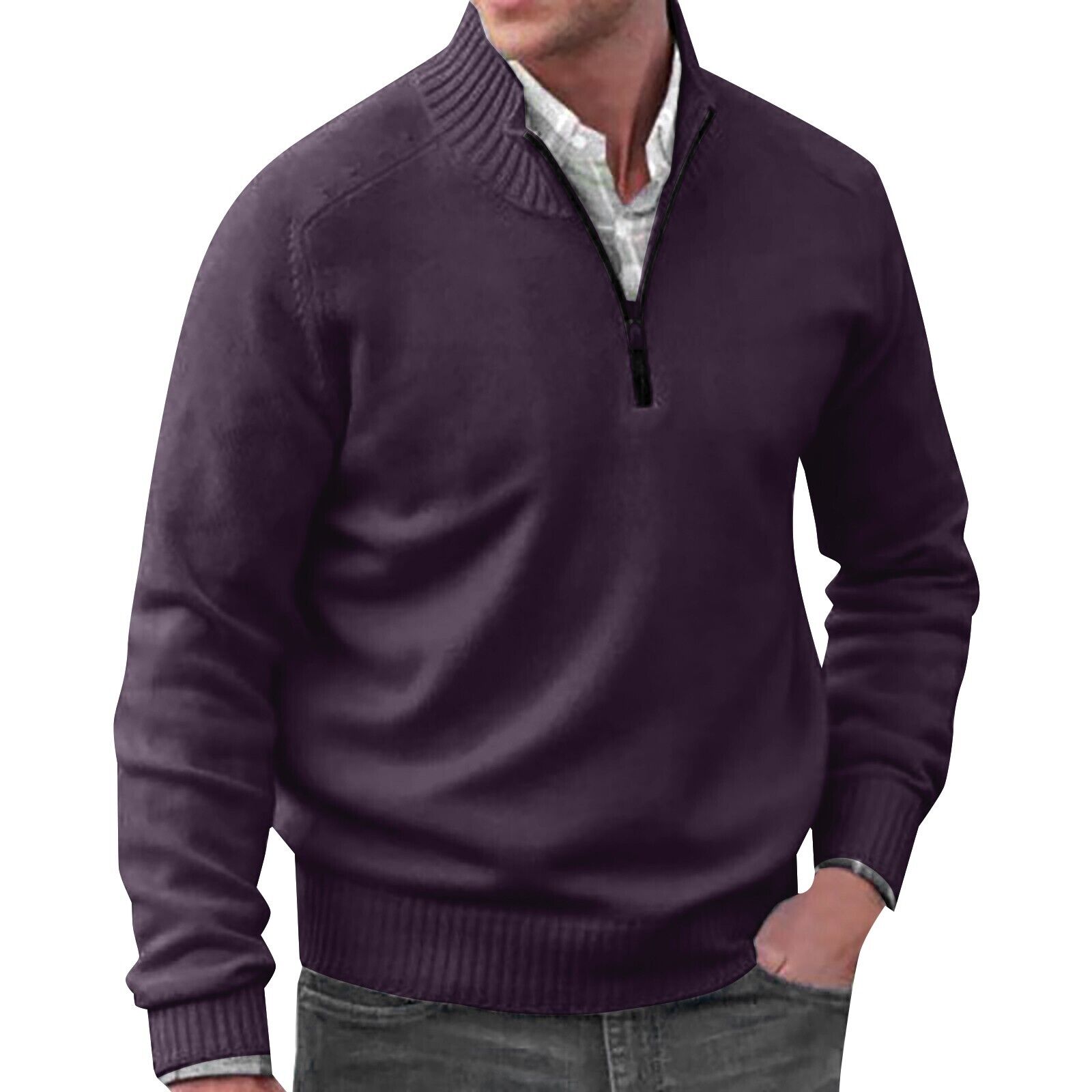 Men's Stand Collar Zipper Basic Solid Color Sweater Long Sleeve Sweatshirt
