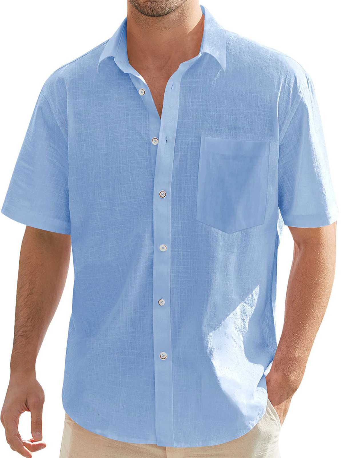 Men's Basic Casual Cotton And Linen Lapel Pocket Short-Sleeved Shirt