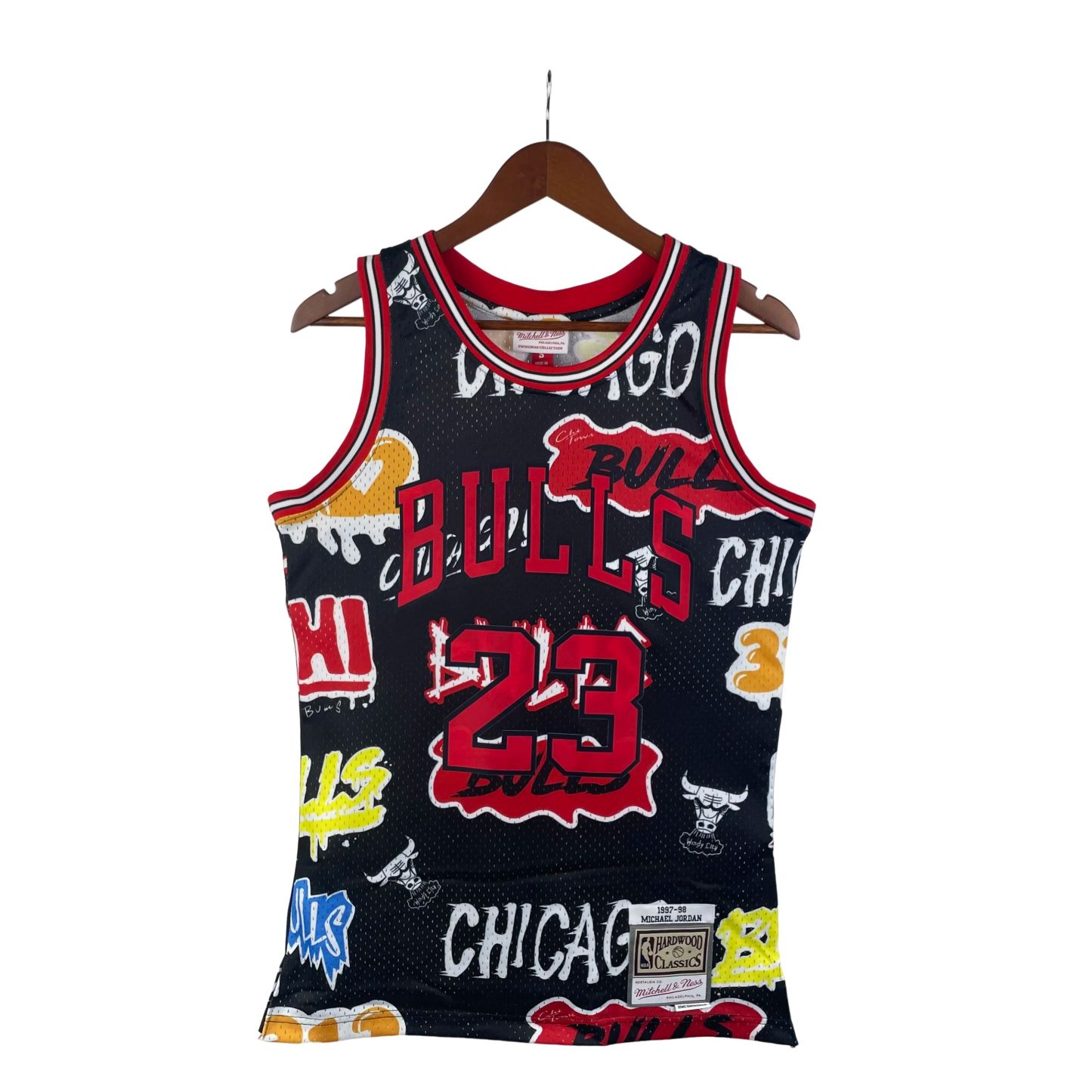 MN热压复古球衣:SW 公牛队 97/98赛季 涂鸦 23号 乔丹S