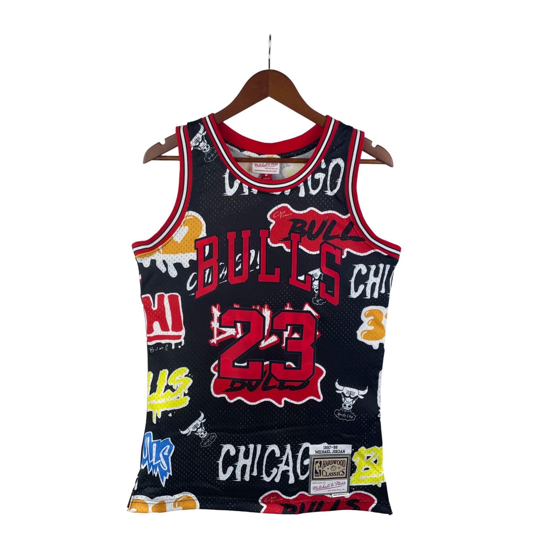 MN热压复古球衣:SW 公牛队 97/98赛季 涂鸦 23号 乔丹S