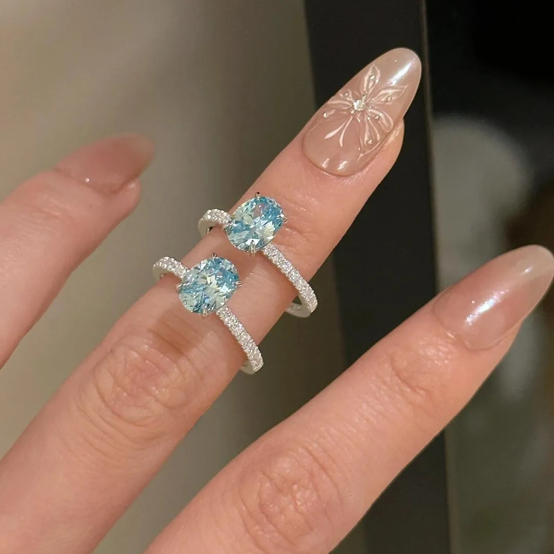925 Silver High Carbon Diamond Sea Blue Zirconia 6*8 Ring