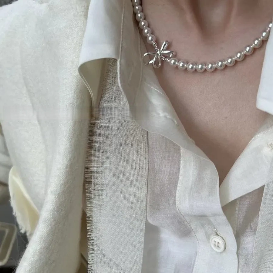 925 Silver Sweet Bow Pearl Necklace
