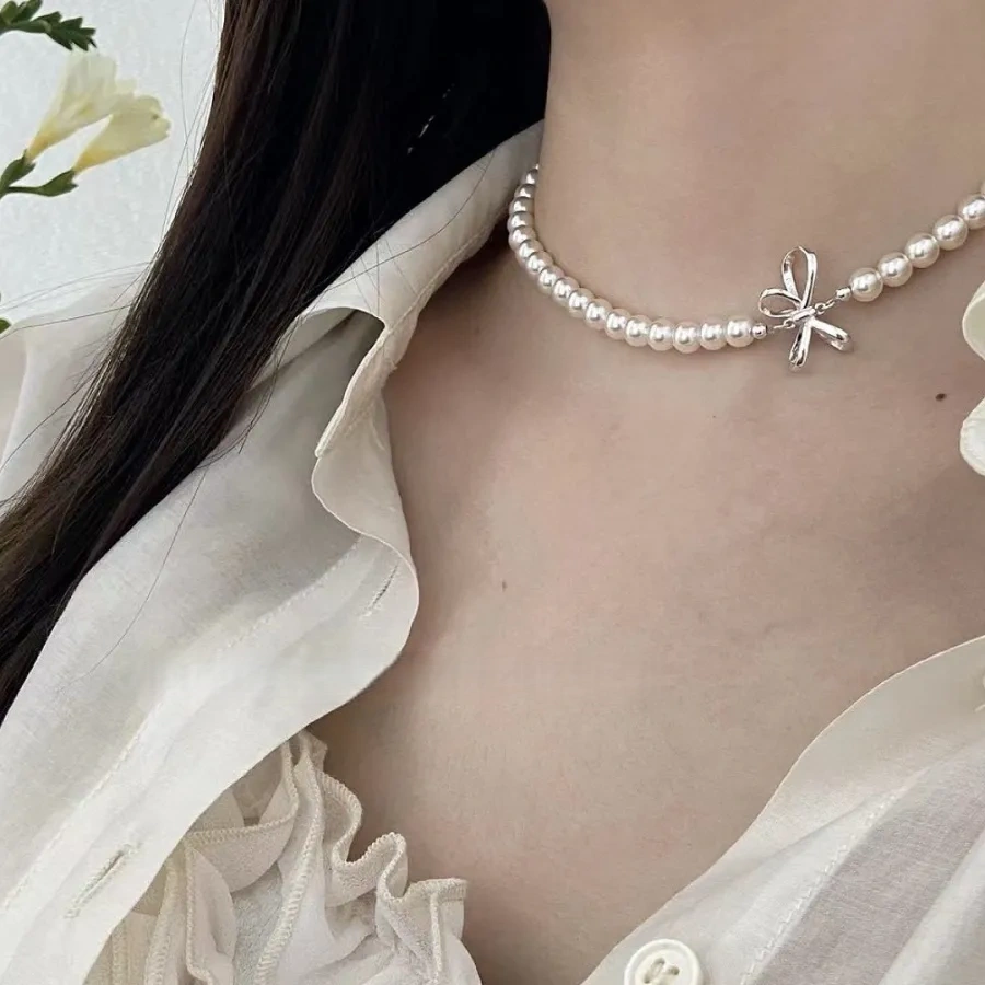 925 Silver Sweet Bow Pearl Necklace