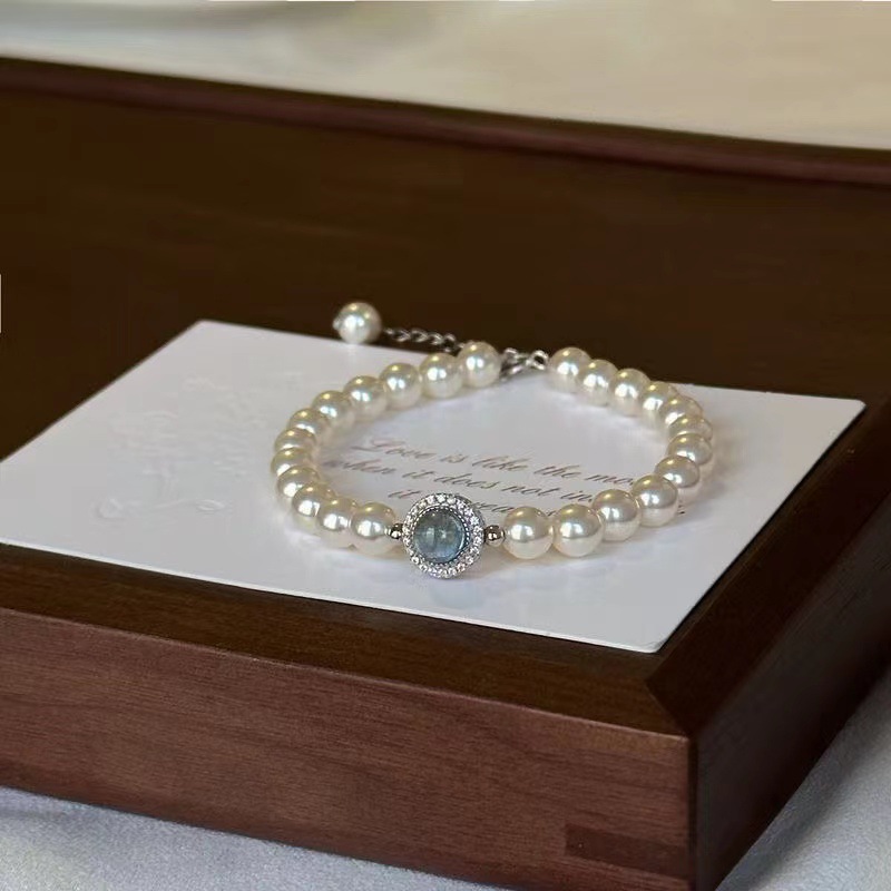 925 Silver Natural Aquamarine Faux Pearl Bracelet