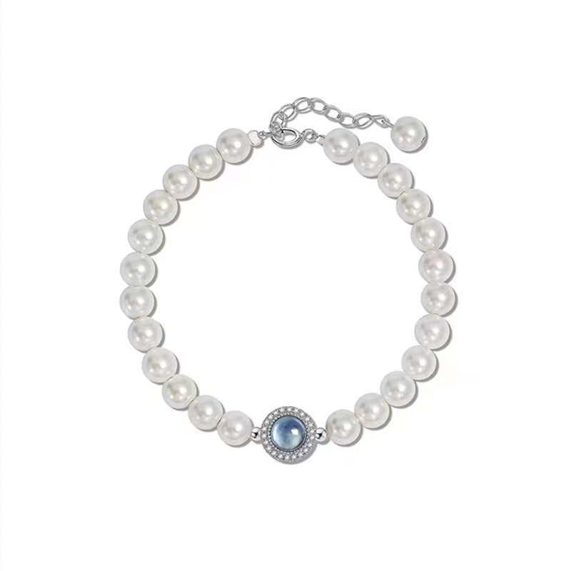 925 Silver Natural Aquamarine Faux Pearl Bracelet