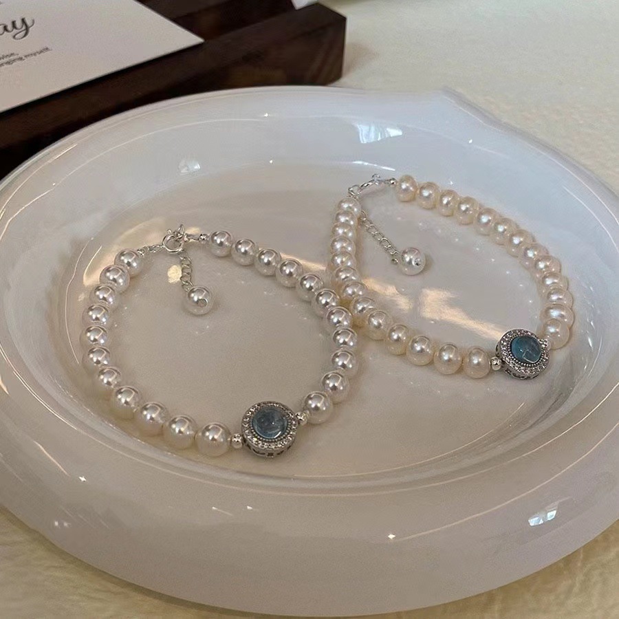 925 Silver Natural Aquamarine Faux Pearl Bracelet