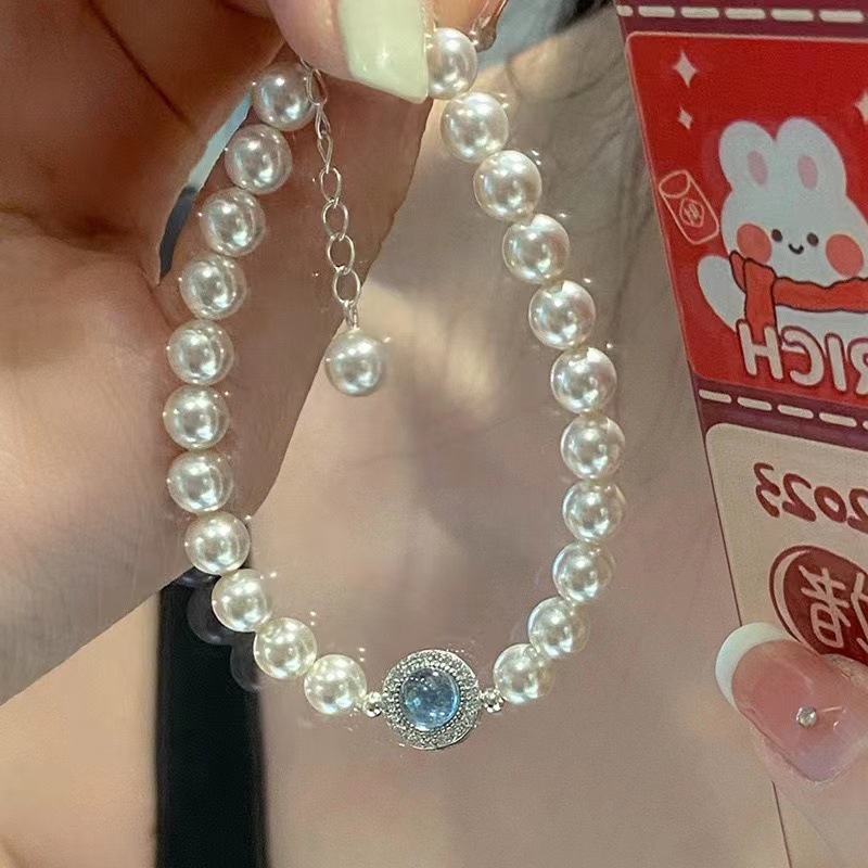 925 Silver Natural Aquamarine Faux Pearl Bracelet