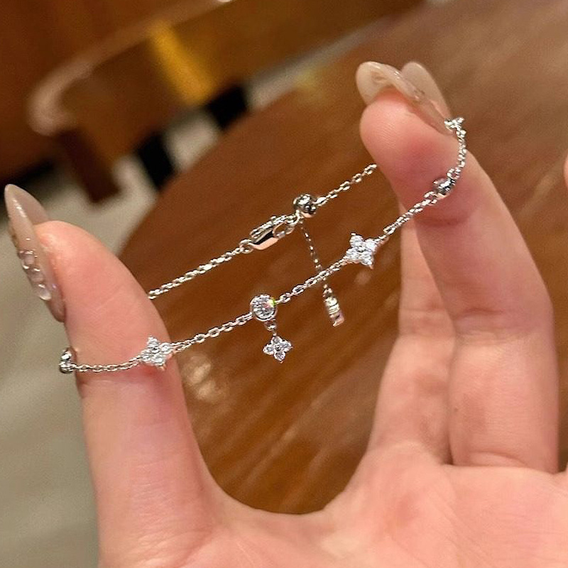 925 Silver Four Leaf Bubble Diamond Bracelet