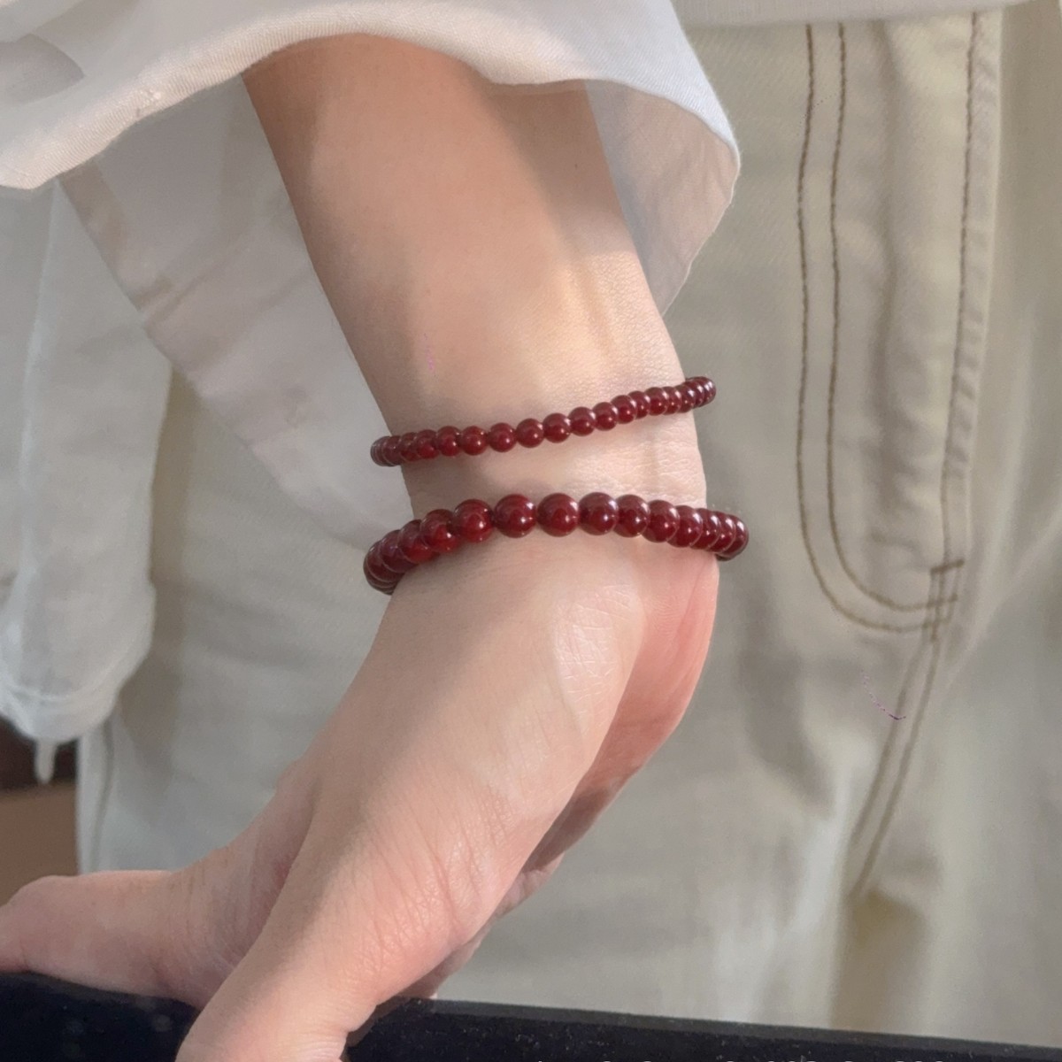 Burgundy faux pearls stacked bracelet