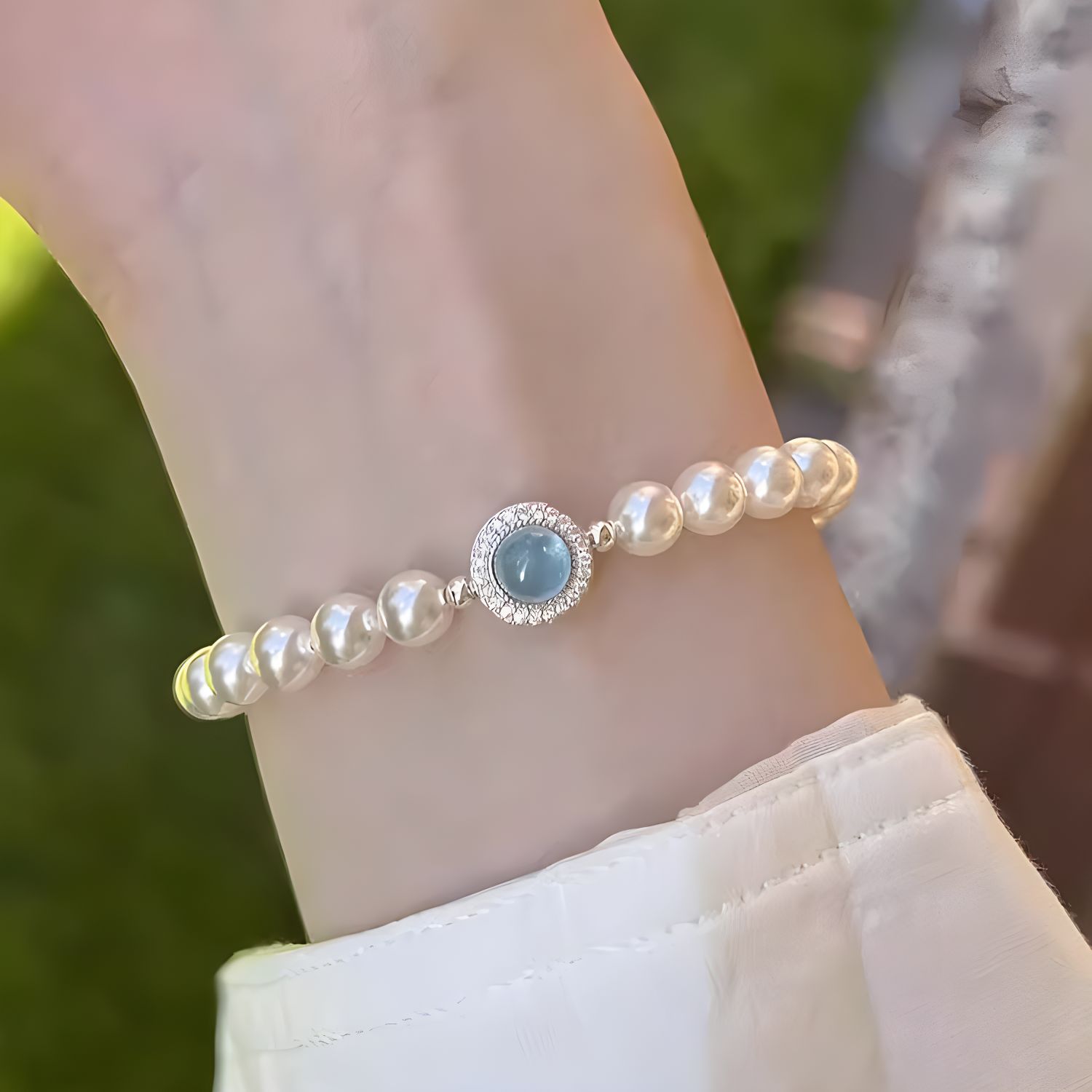925 Silver Natural Aquamarine Faux Pearl Bracelet