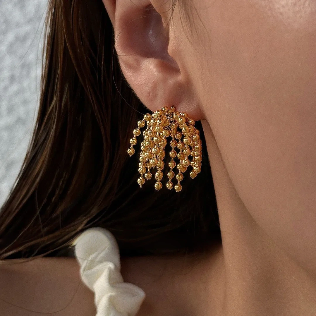 INS titanium steel bead tassel earrings