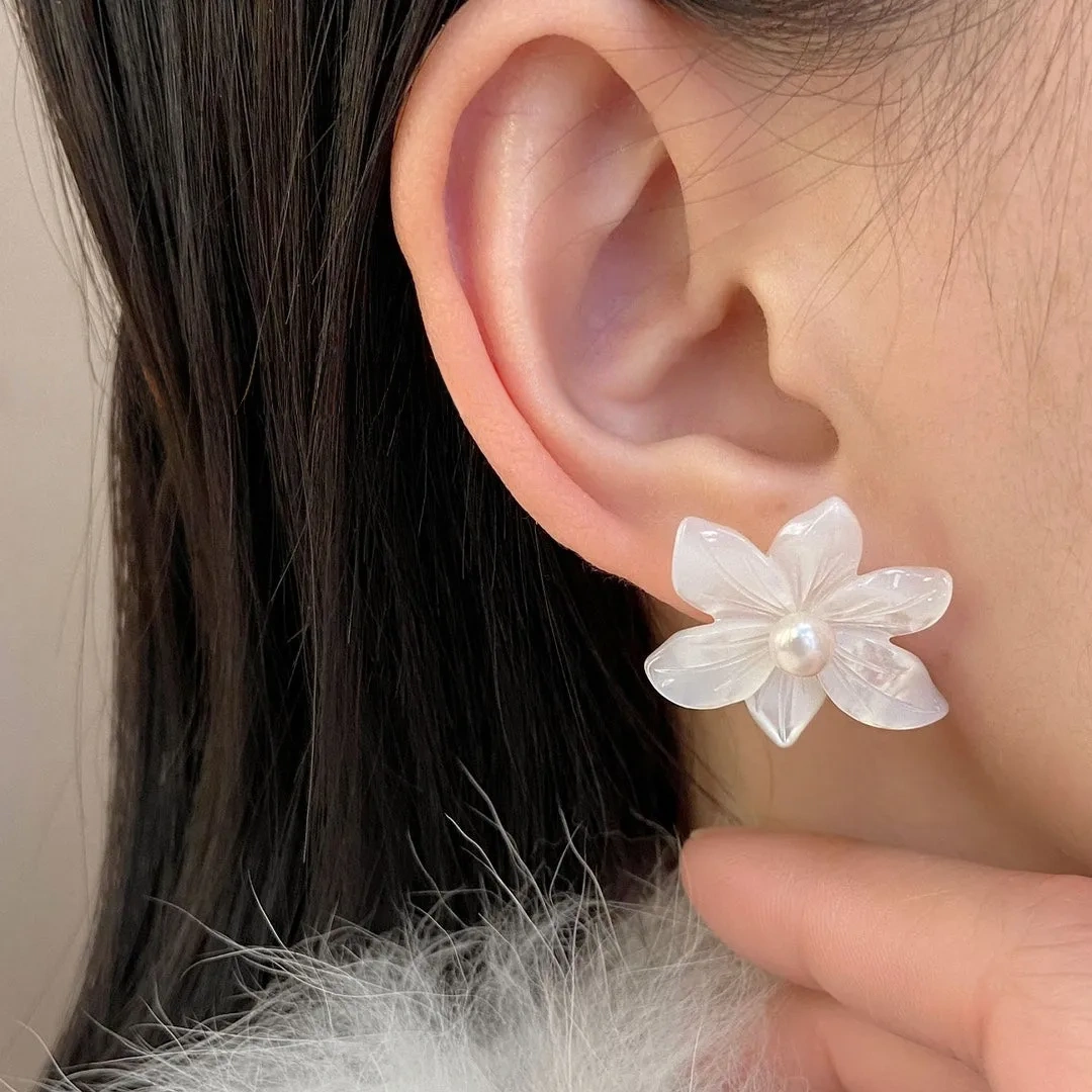 925 Silver White Orchid Natural Pearl Stud Earrings