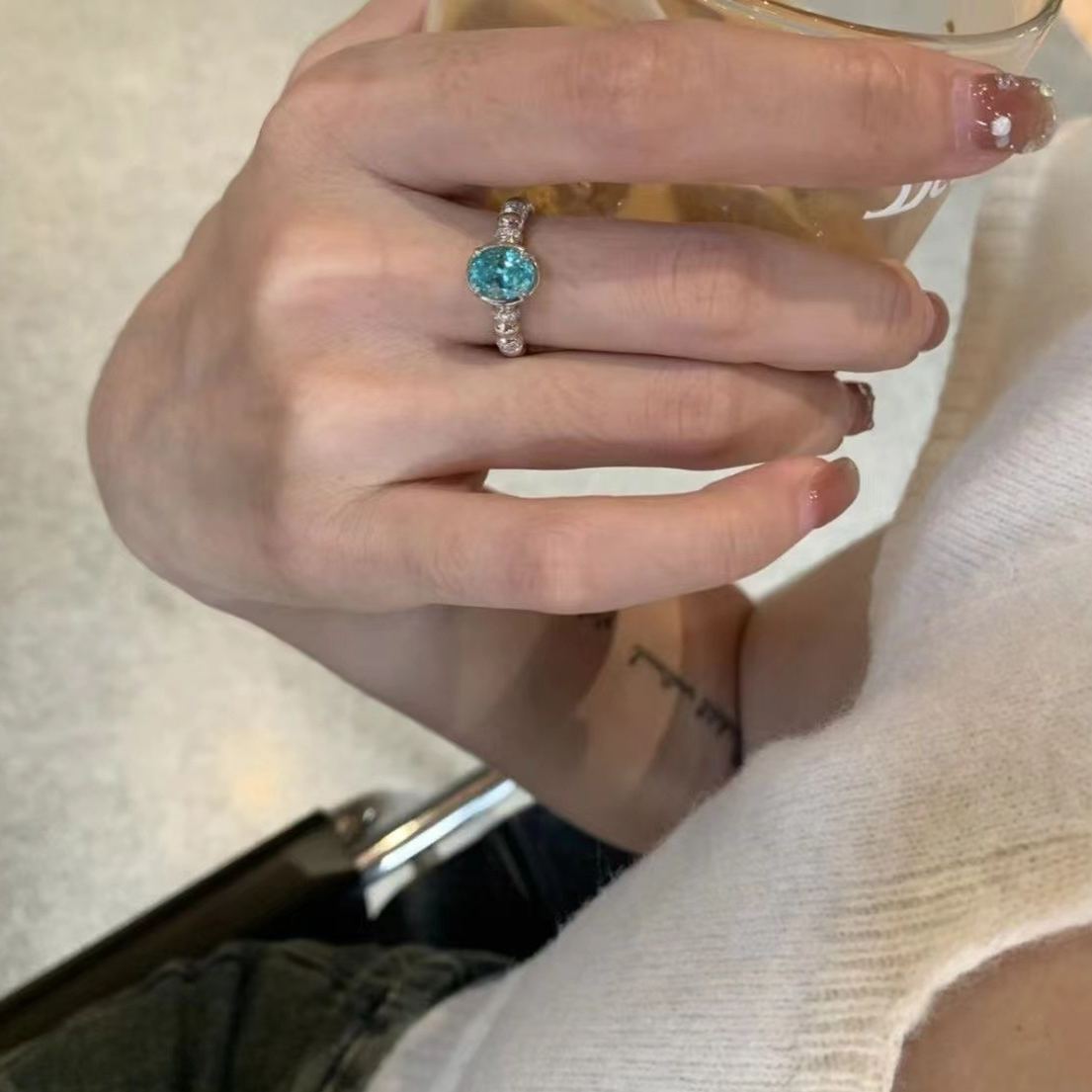 925 silver 6*8 imported ice flower cut shallow sea blue ring