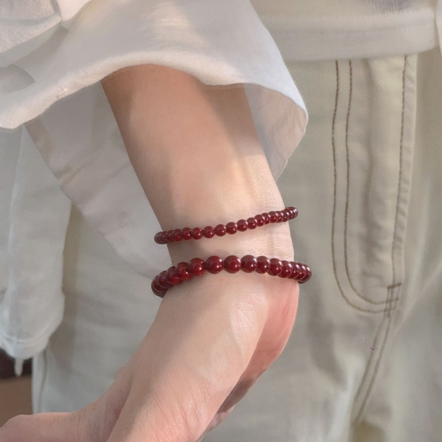 Burgundy faux pearls stacked bracelet