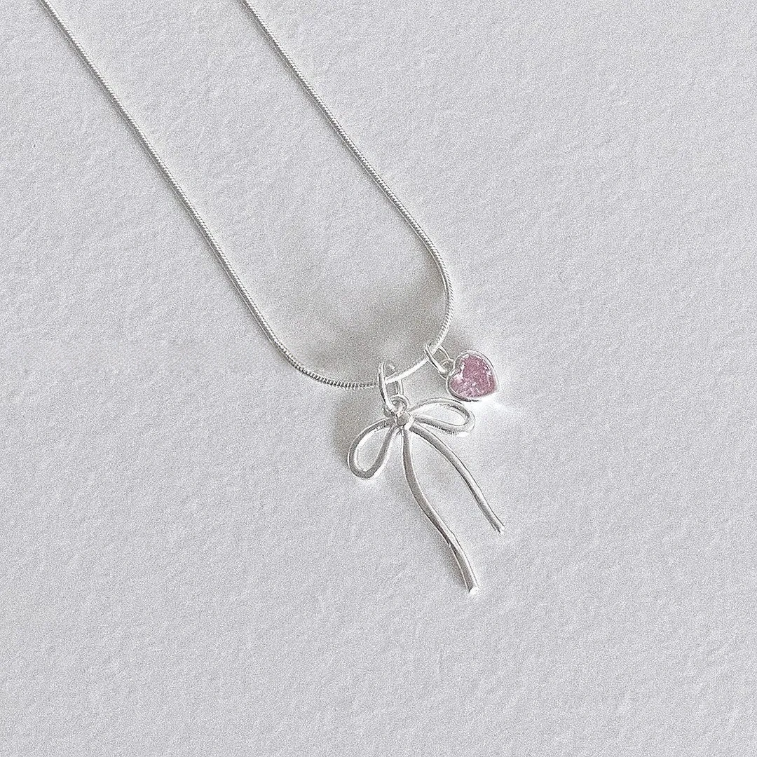 925 Silver Bow Pink Diamond Heart Necklace