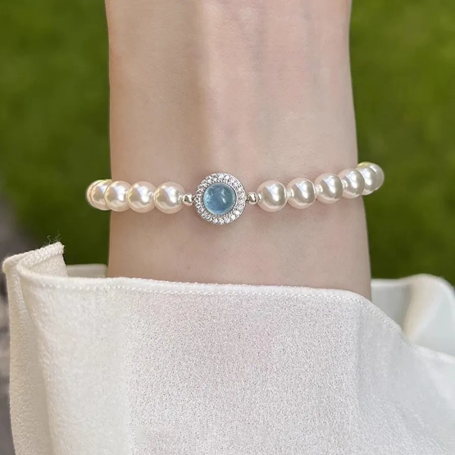 925 Silver Natural Aquamarine Faux Pearl Bracelet