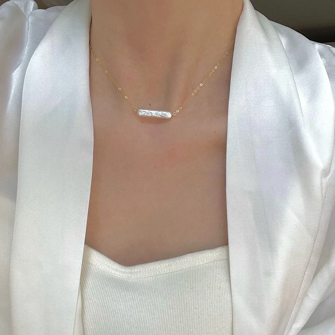 14k gold-filled beckoning small silver bar pearl necklace