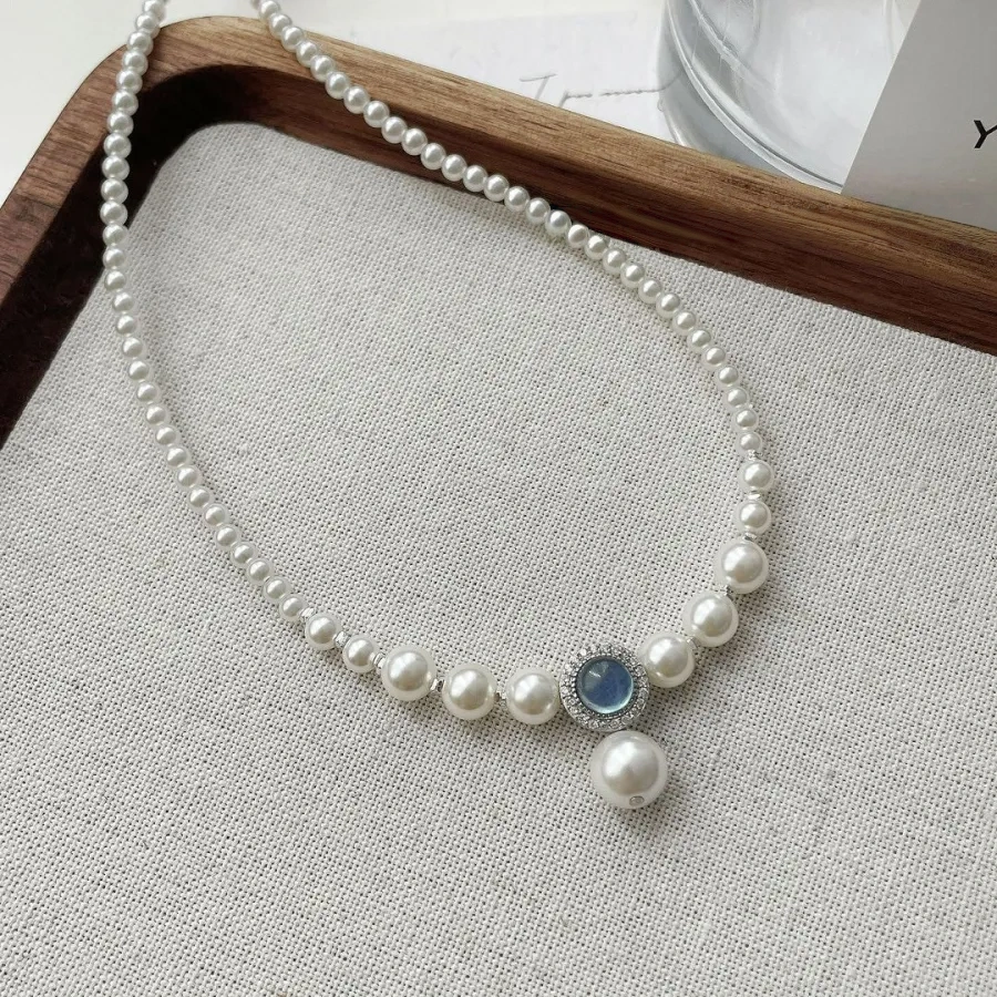 925 silver faux pearl natural aquamarine necklace