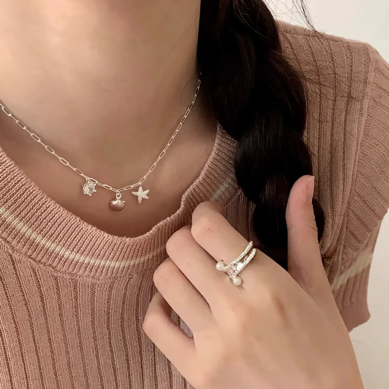 925 silver shell starfish zircon necklace
