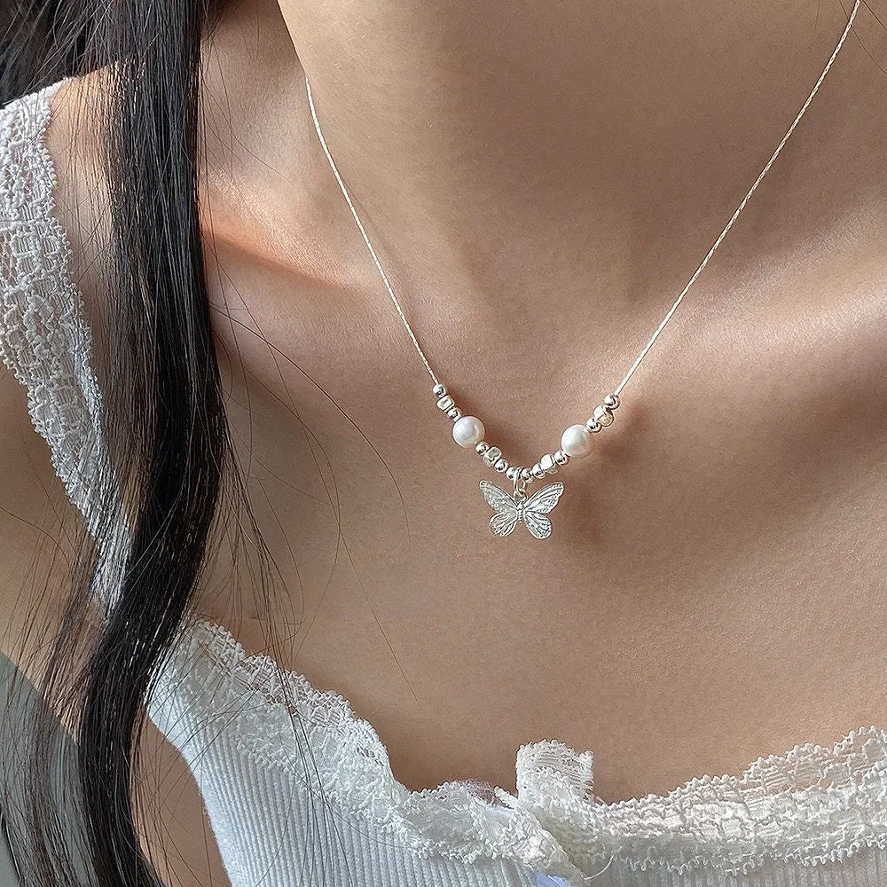 925 Silver Gentle Wind Butterfly Texture Faux Pearl Necklace