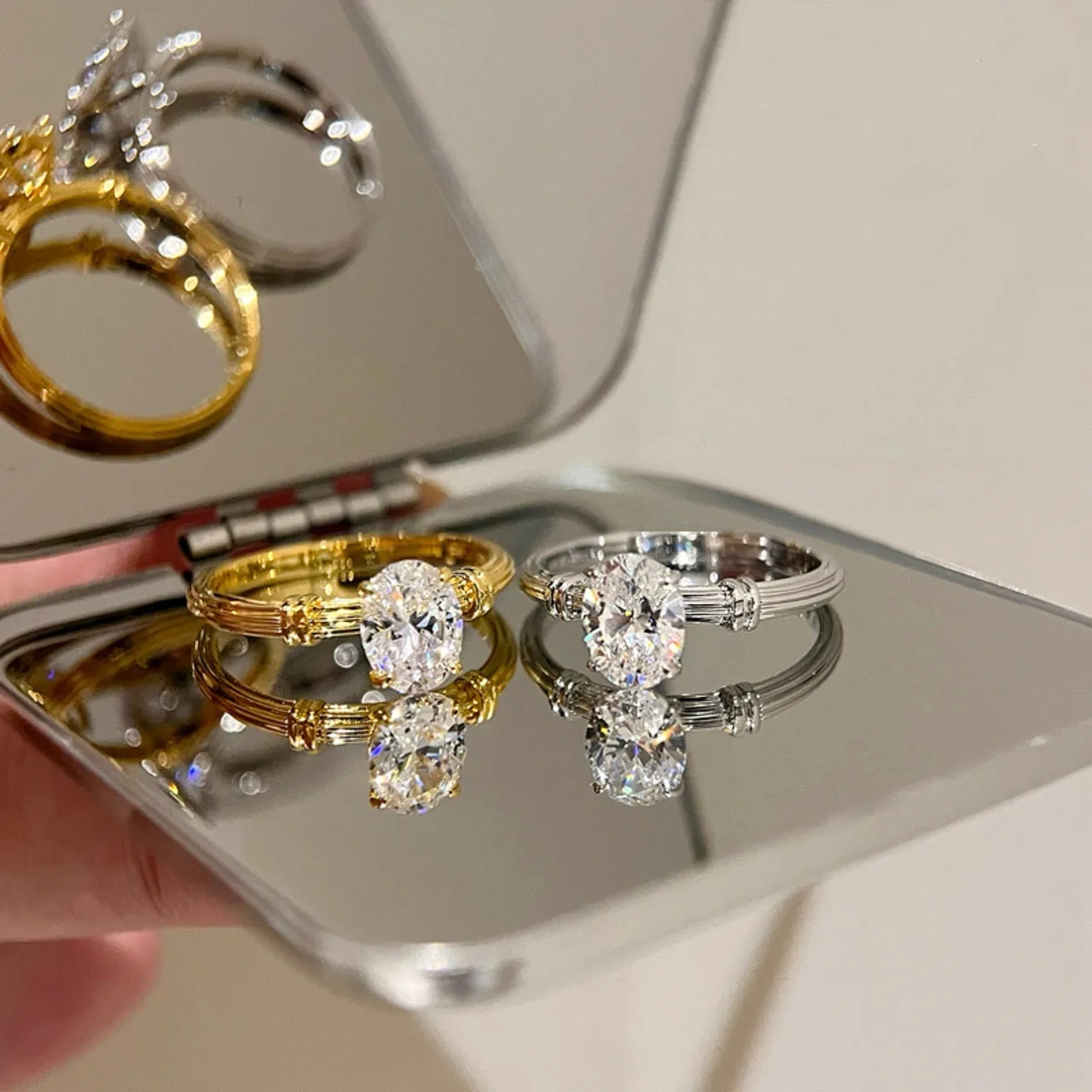 925 silver gold-plated 6*8mm knotted solitaire diamond ring