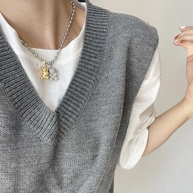 But cute love is very weightygold and silver diamond-studded three-dimensional bear necklace