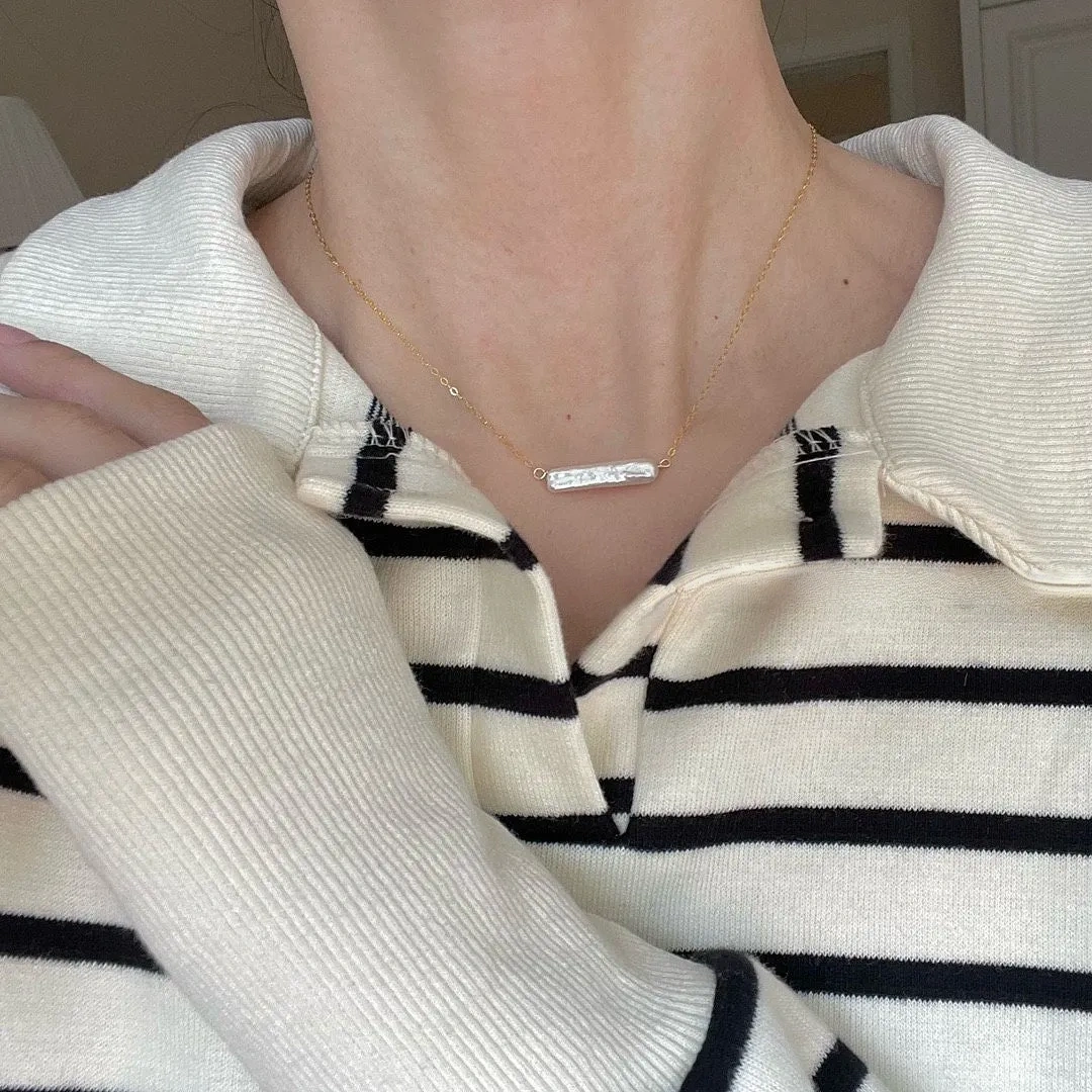 14k gold-filled beckoning small silver bar pearl necklace