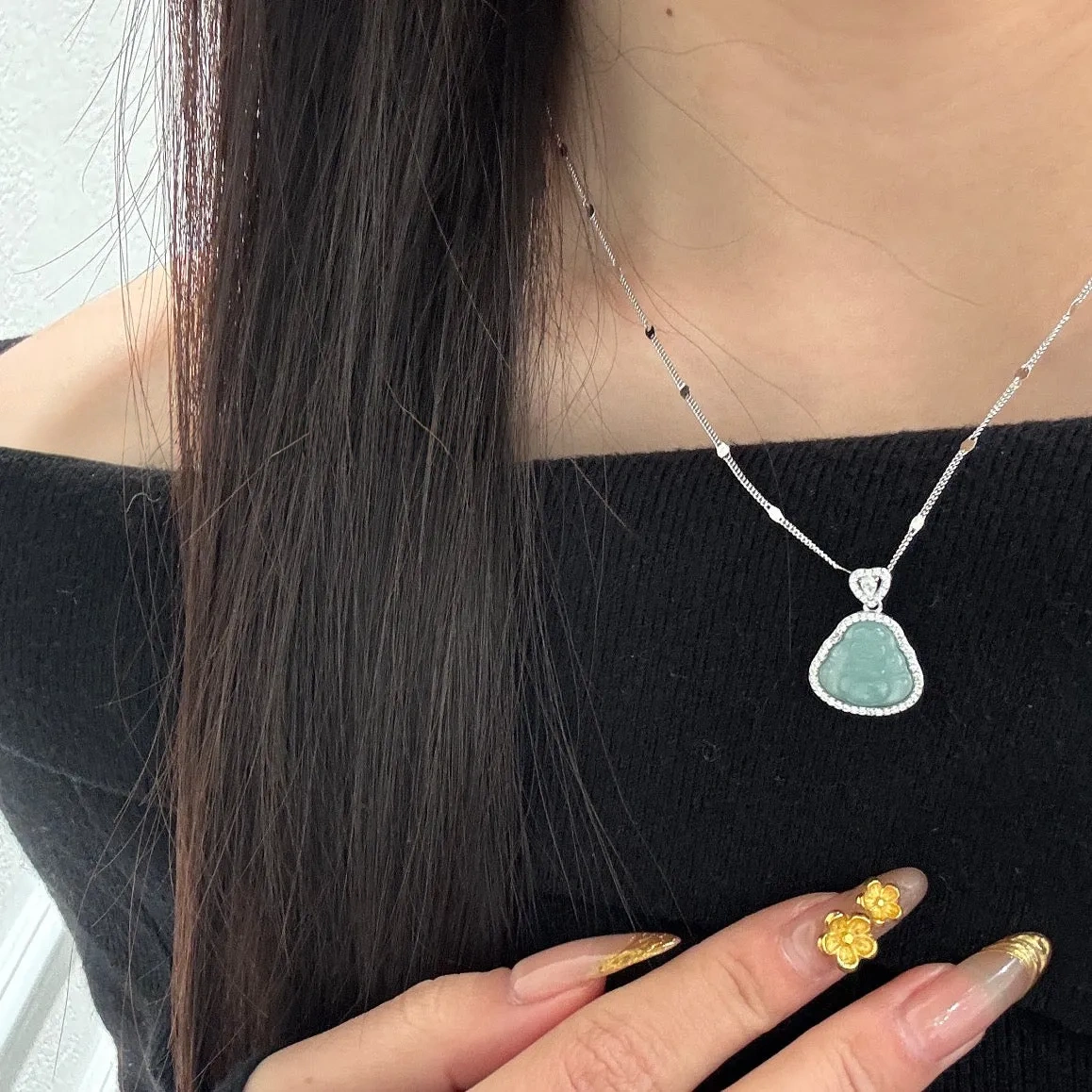 925 silver blue water jade Maitreya Buddha necklace