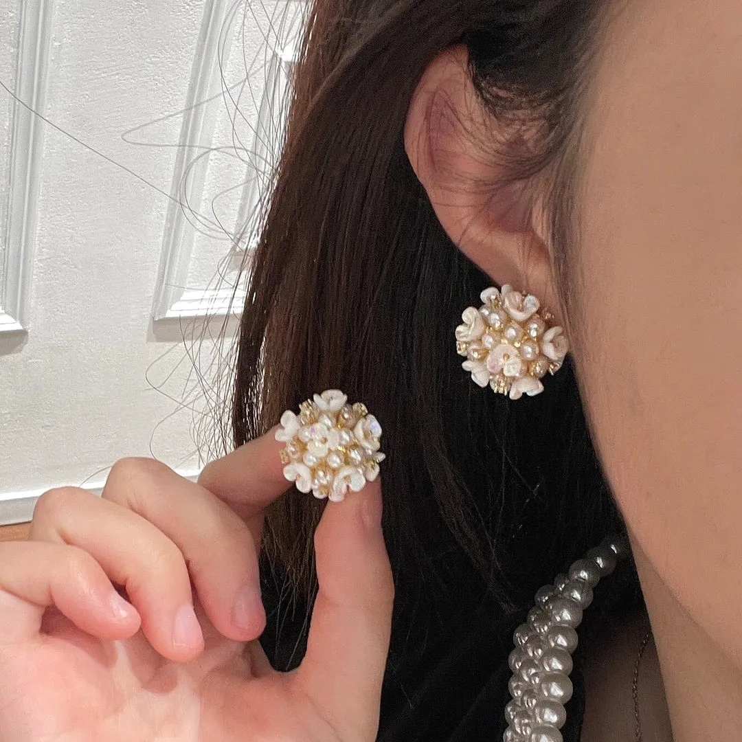 Silver needle zircon faux pearl aurora flower cluster earrings