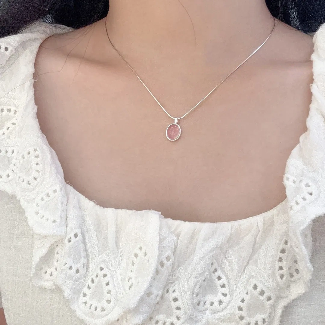 925 Silver Natural Cherry Blossom Pink Chalcedony Necklace