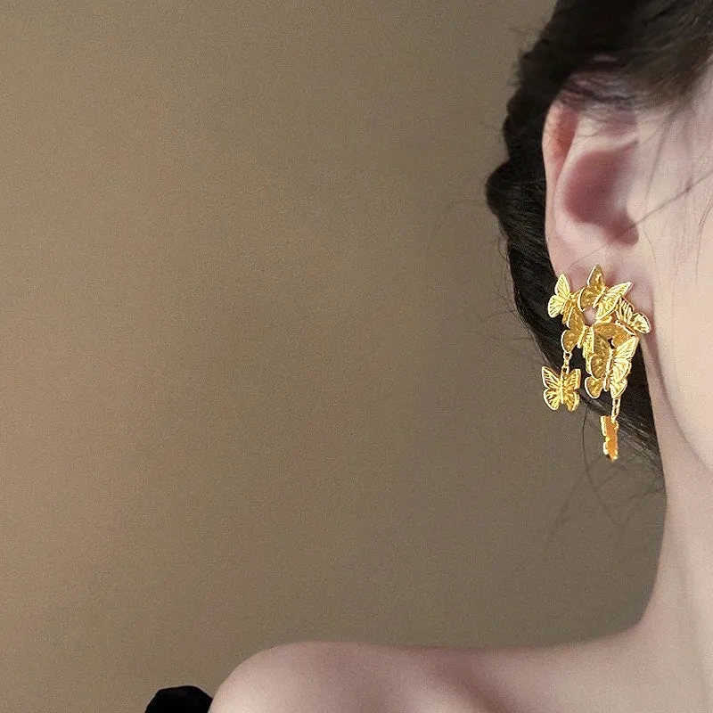 Real gold silver-plated pin butterfly stud earrings