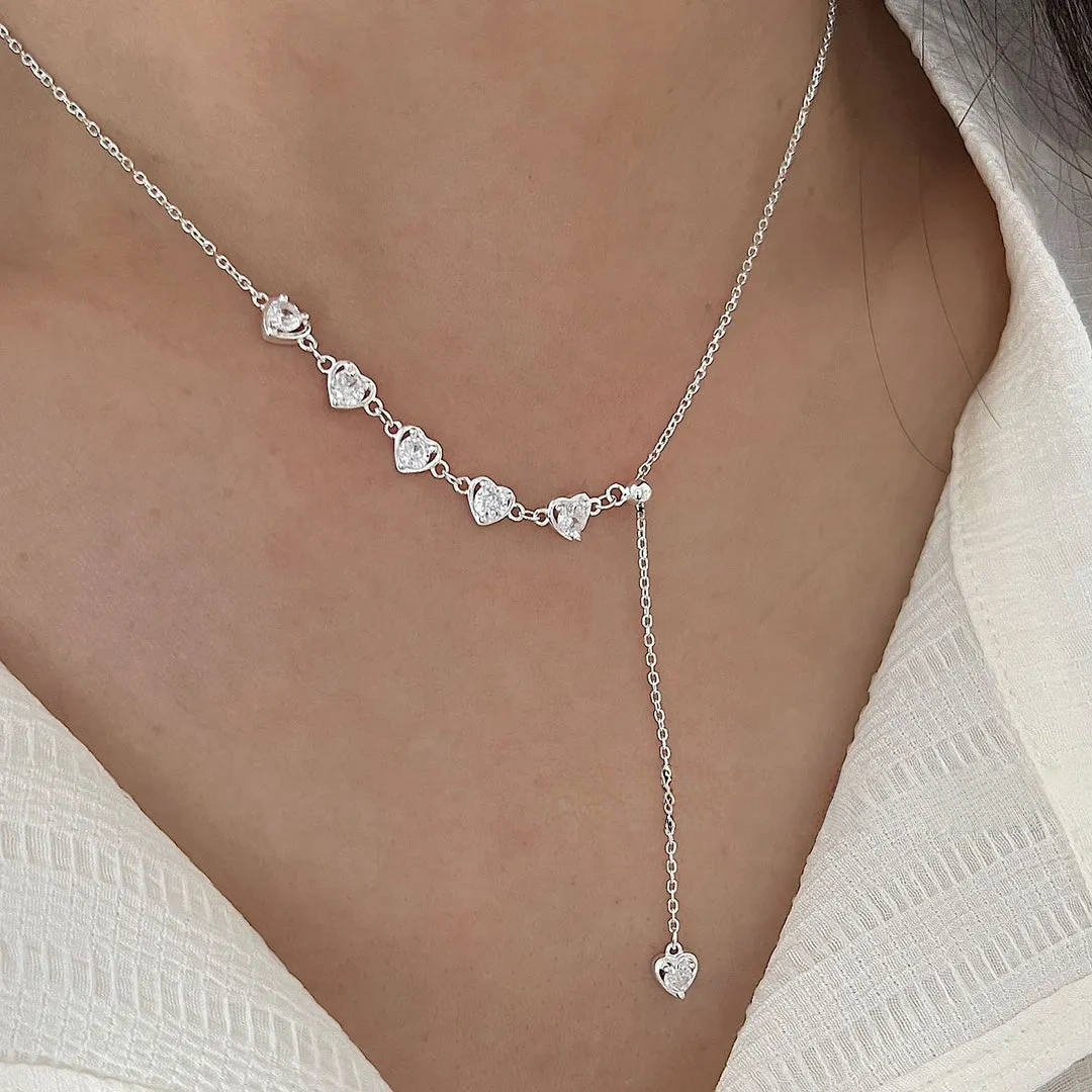 925 silver heart zircon pull-out necklace