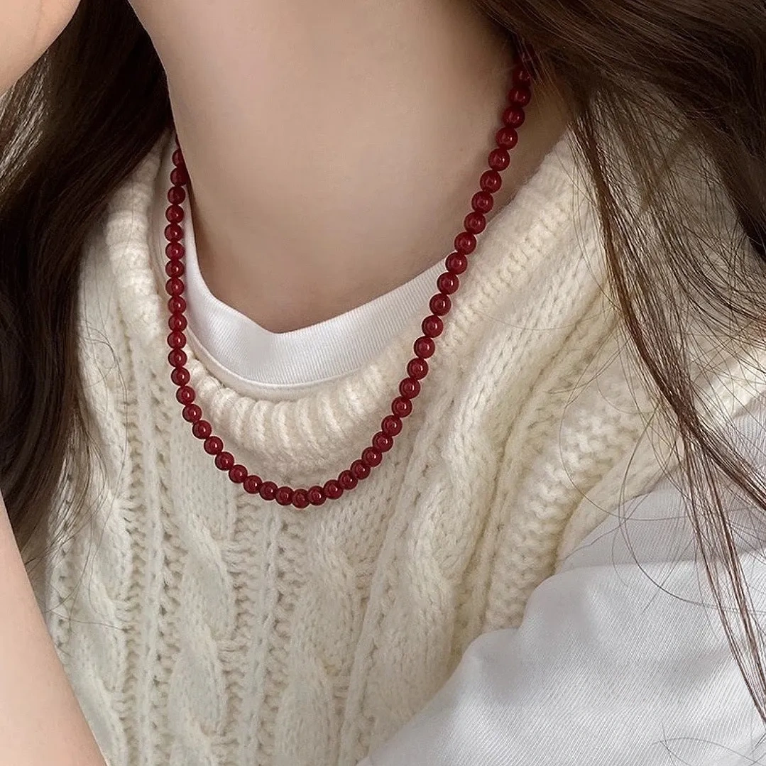 Full of atmosphere 925 silver encore red faux pearl necklace