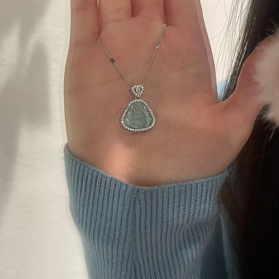 925 silver blue water jade Maitreya Buddha necklace