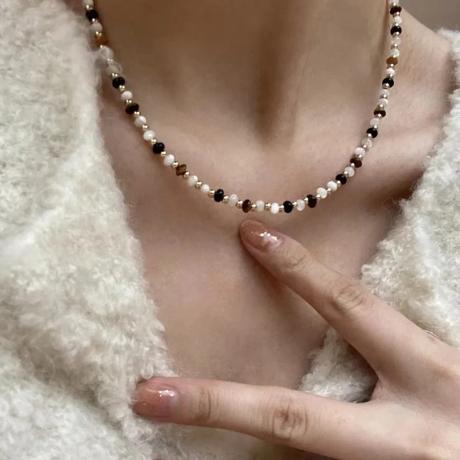 Natural black onyx beaded necklace metal pendant necklace clavicle chain