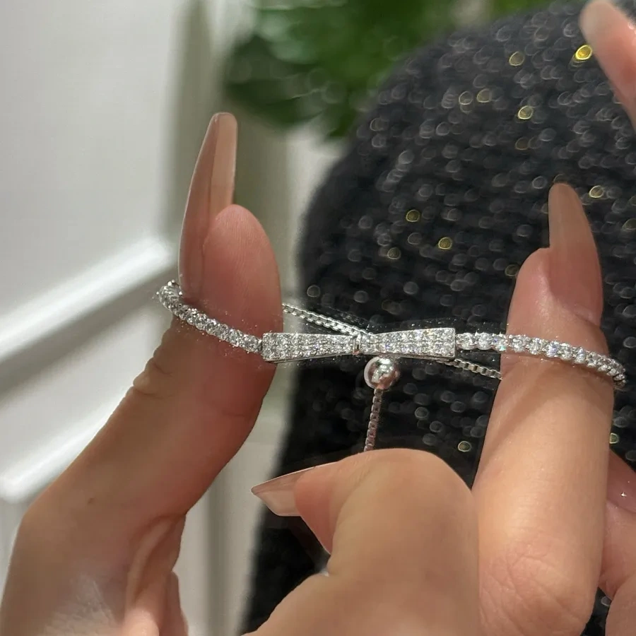 925 silver double row full of diamonds three-dimensional bow bracelet