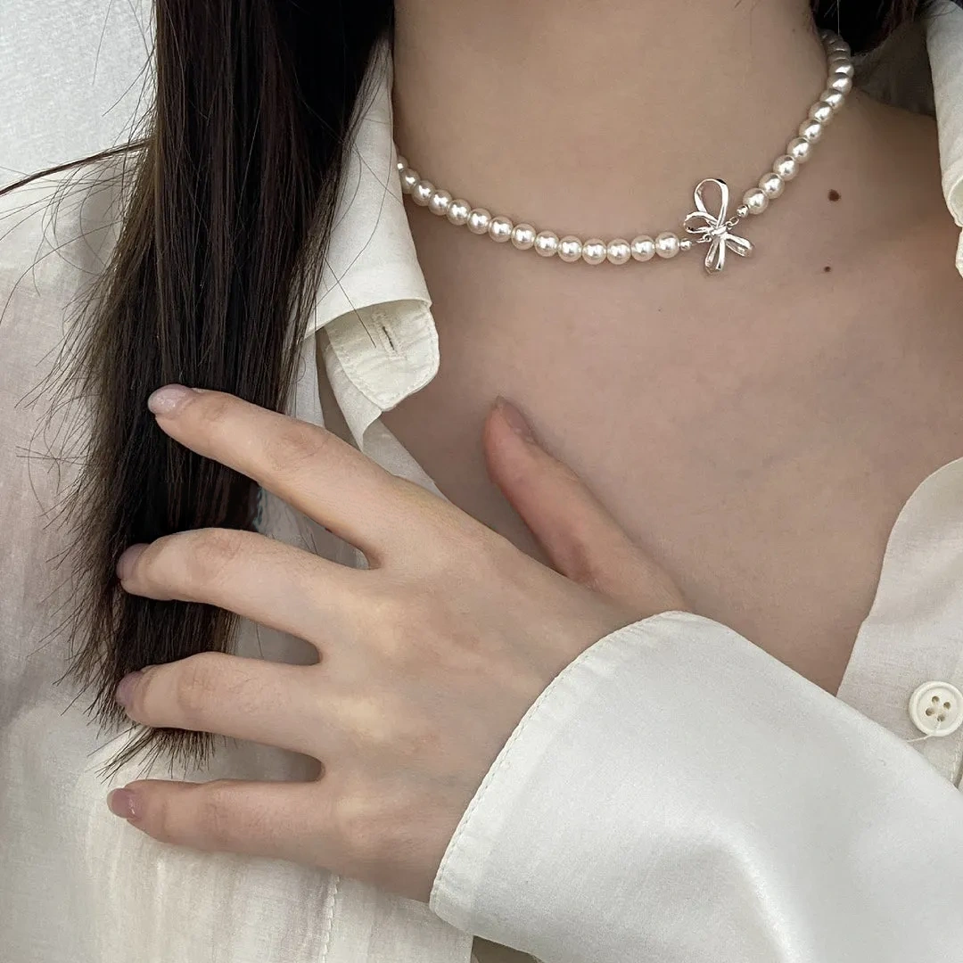 925 Silver Sweet Bow Pearl Necklace